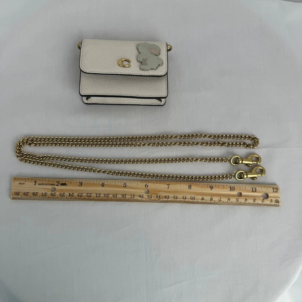 Coach Bunny Card Case on Chain White Pebbled Leather Mini Bag AXP 4